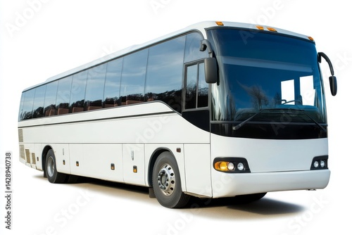 A blank white intercity bus stands alone on a white background, ideal for a range of transportation purposes