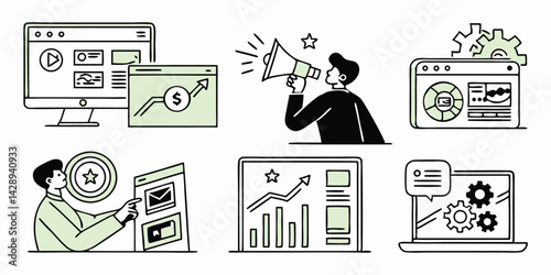 Digital Marketing Strategy, SEO Optimization, and Business Growth Doodle Vector Illustration Set.