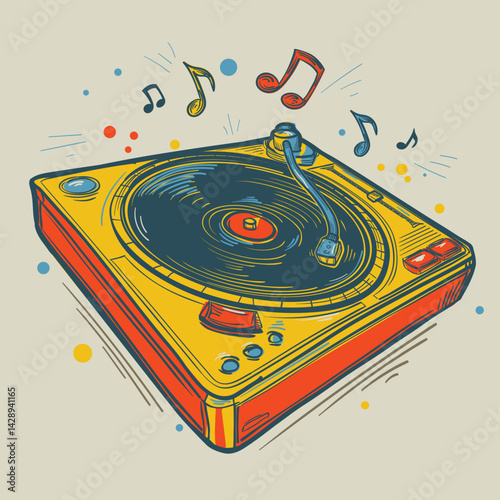 Colorful drawn musical vinyl record player turntable and notes - music design