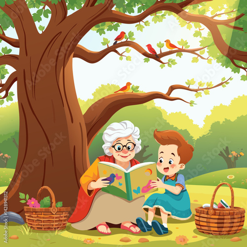  Grandmother and Grandchild Sharing a Book Under a Shady Tree in a Sunny Park, Surrounded by Nature and Picnic Baskets