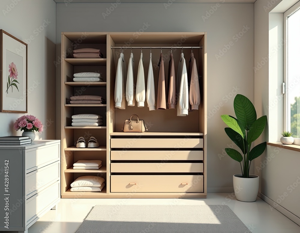 Modern Minimalist Bedroom Interior with Wardrobe