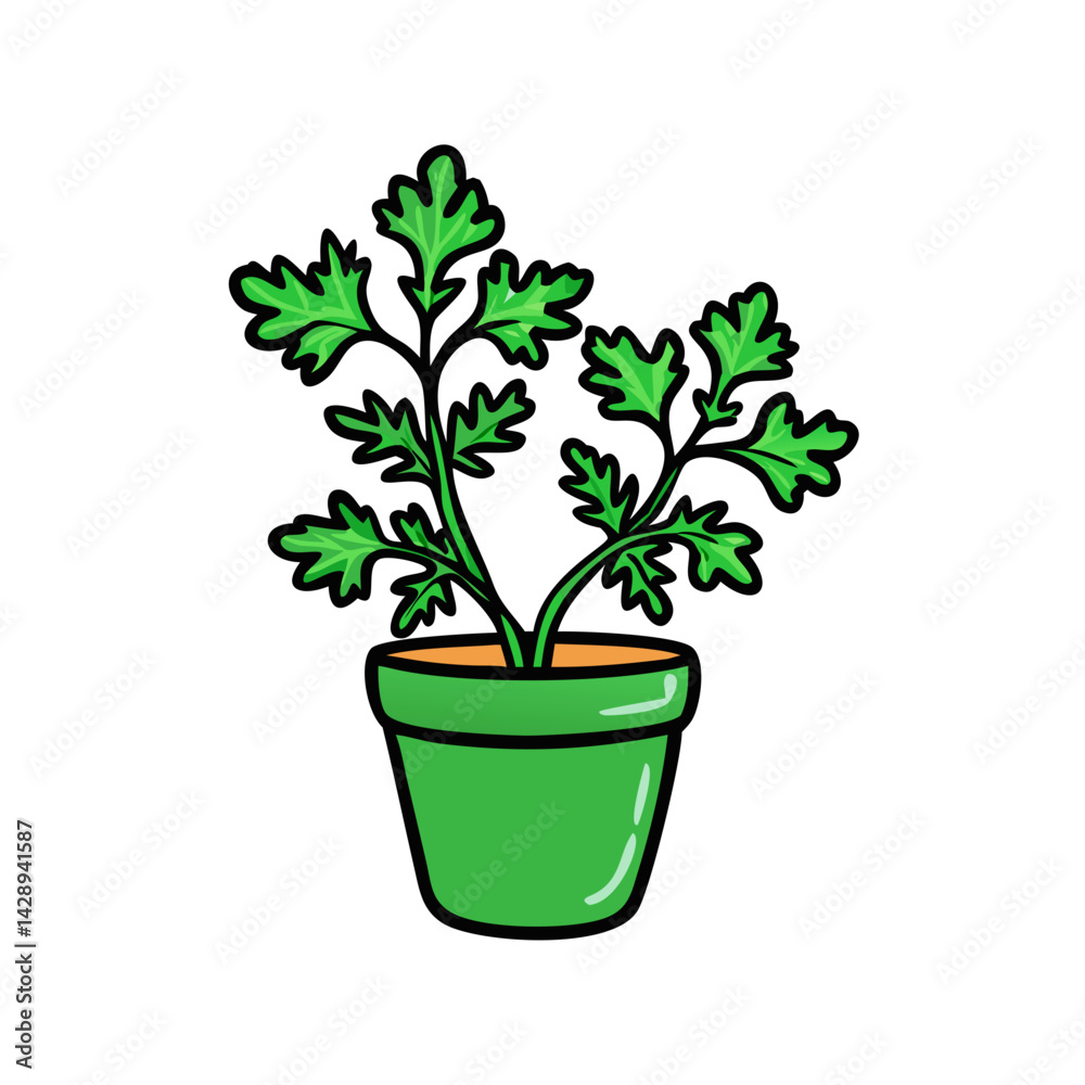 Obraz premium Cartoon Plant in Green Pot on Black Background