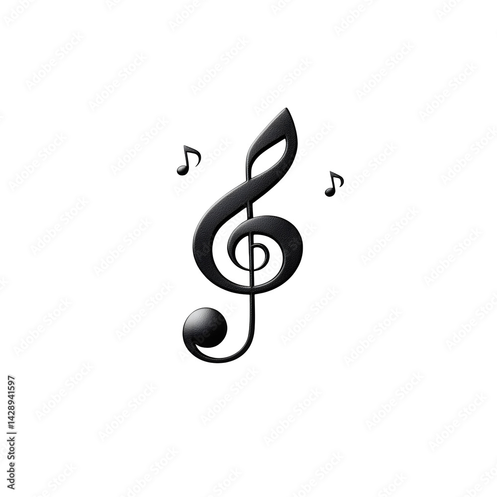Fototapeta premium Minimalist black treble clef symbol with musical notes floating against a plain white background representing the beauty and elegance of musical composition and performance