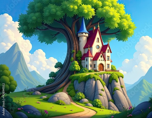 Obraz na płótnie Fairytale Castle on Clifftop Under Giant Tree - Fantasy Illustration w salonie