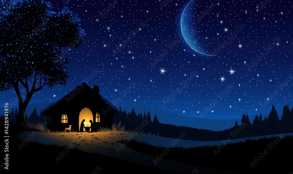 Serene night scene with couple silhouetted in cozy cabin under starry sky Serene night scene with couple silhouetted in cozy cabin under starry sky