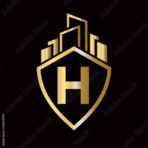 Real Estate Logo On Letter H Concept With Building and Shield Symbol. Building Symbol