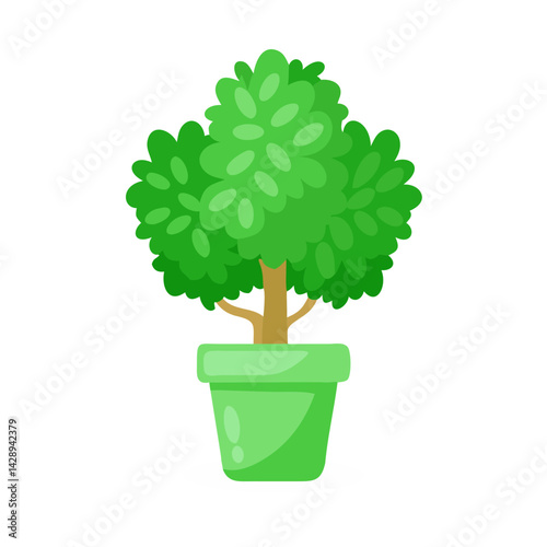 Cartoon Green Potted Topiary Bush on Black Background