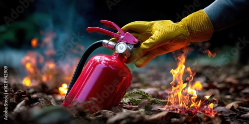Gloved Hand Using Fire Extinguisher on Small Forest Fire