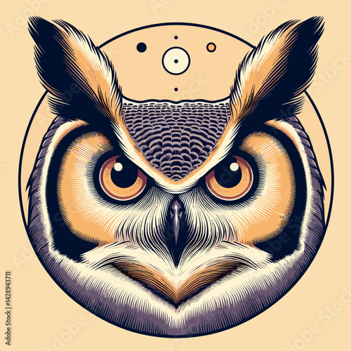 Detailed owl illustration with cosmic elements in a circular design