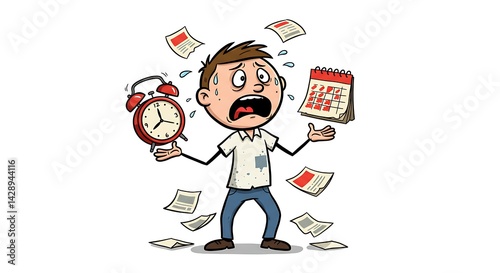 Stickman Managing Deadline Pressure on White Background	A humorous yet relatable stickman struggles to meet deadlines, highlighting workplace stress and time management challenges