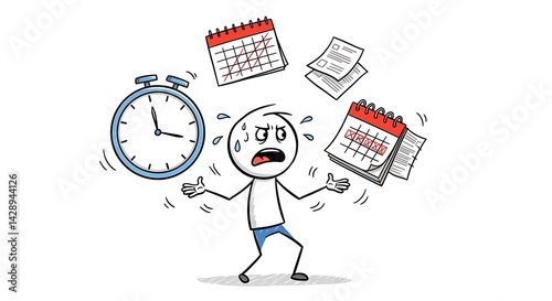 Stickman Managing Deadline Pressure on White Background	A humorous yet relatable stickman struggles to meet deadlines, highlighting workplace stress and time management challenges