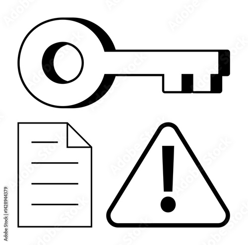 Black-and-white key, document outline, and exclamation triangle. Ideal for security, warning, data protection, access, legal requirements risk management safety communication. Flat simple metaphor
