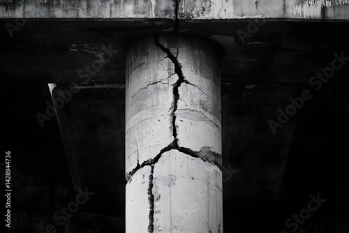 Cracked Concrete Pillar: A stark black and white image captures a weathered concrete pillar, showcasing deep cracks that speak of age and structural fragility beneath a bridge or similar structure.