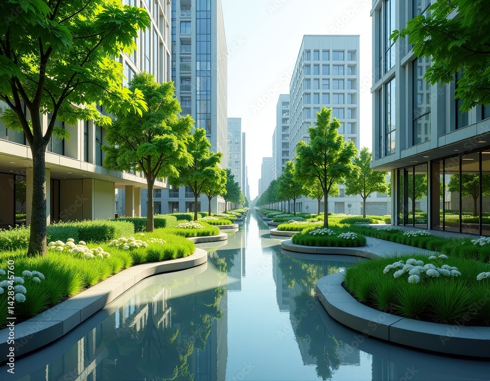 Modern Cityscape with Green Landscaping and Reflecting Pool