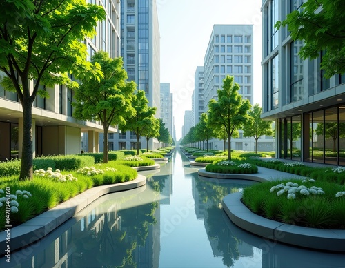 Modern Cityscape with Green Landscaping and Reflecting Pool