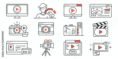 Doodle Illustration Set of Video Production and Editing, Content Creation Tools.