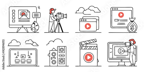 Video Production Doodle Icons: Filmmaking Process, Content Creation, and Video Marketing Elements
