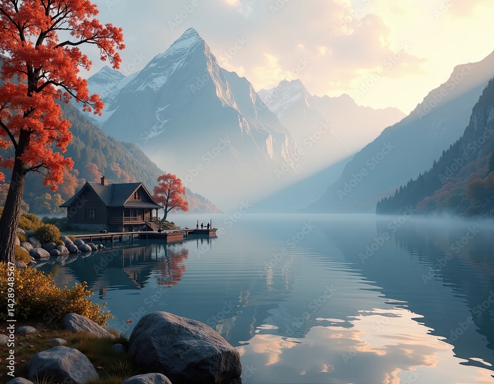Serene Lakeside Cabin at Sunset