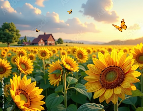 Sunflowers Field at Sunset with Butterflies - Idyllic Summer Landscape