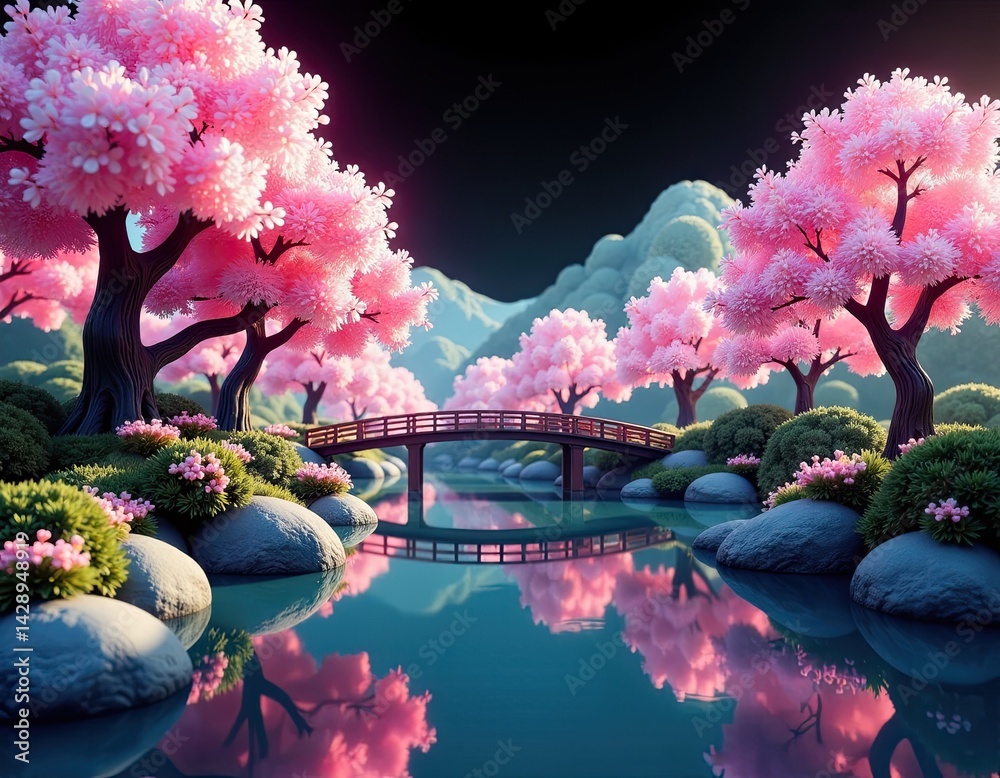 Serene Japanese Garden with Cherry Blossoms and Bridge Reflection