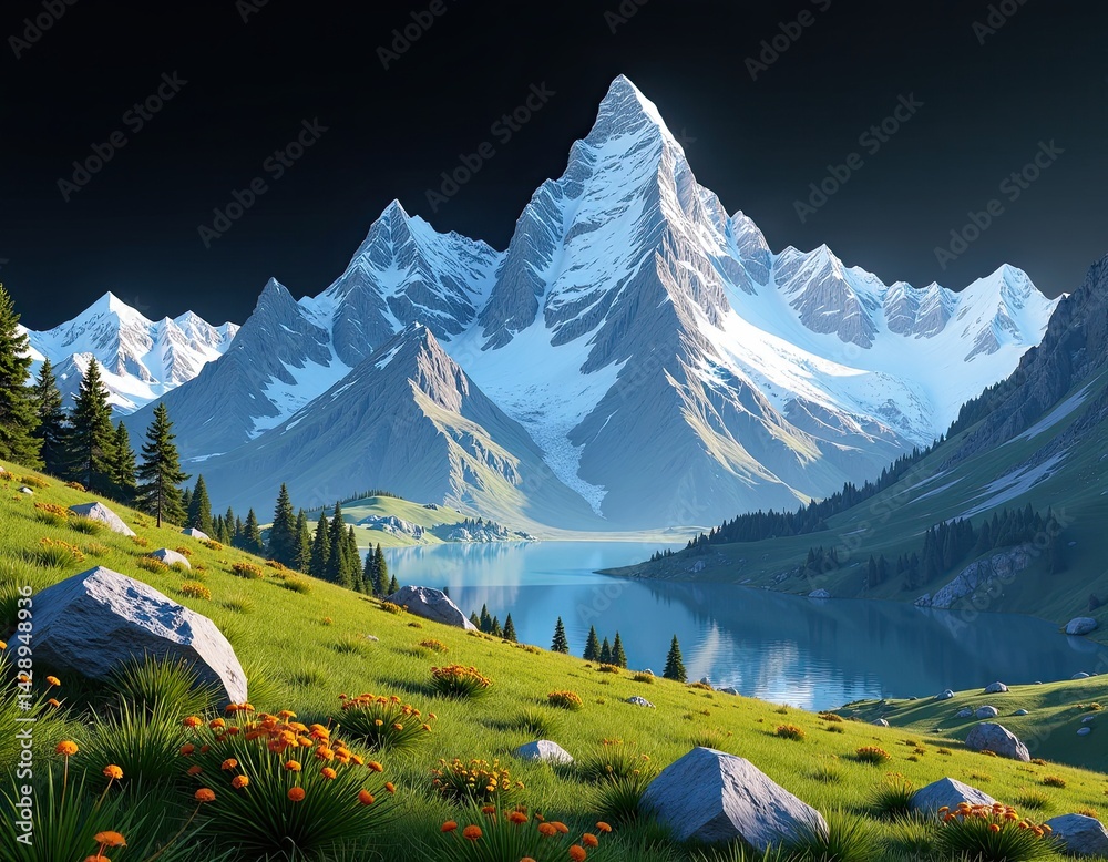 Majestic Snow-Capped Mountains and Serene Lake Landscape