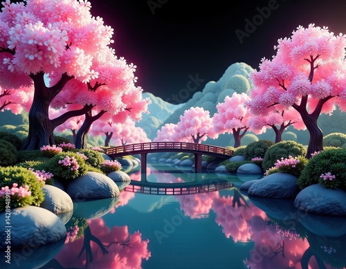 Obraz na płótnie Serene Japanese Garden with Cherry Blossoms and Bridge Reflection w salonie