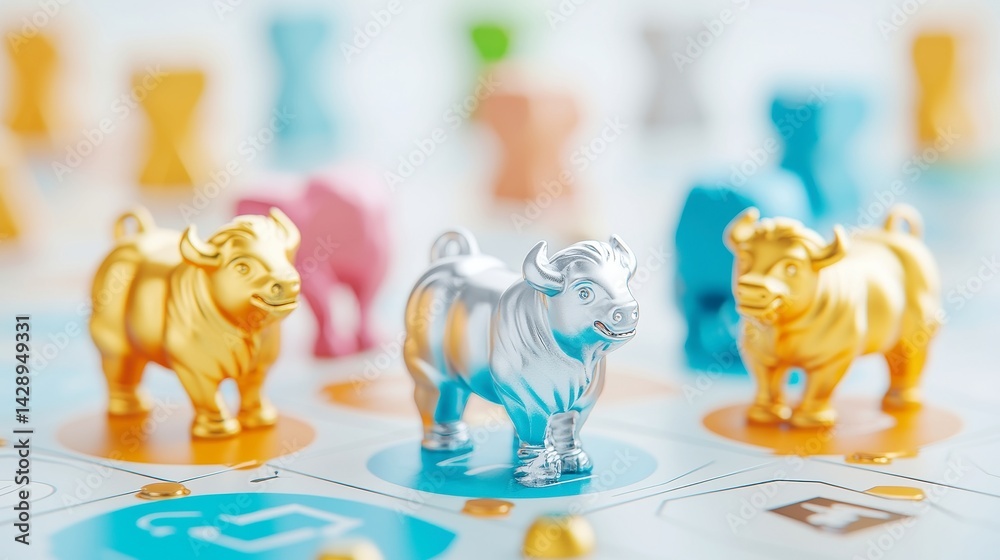 Obraz premium Corporate Strategy Showdown, an engaging board game where executives navigate market trends, roll dice, and maneuver bull tokens to outsmart competitors and seize opportunities.
