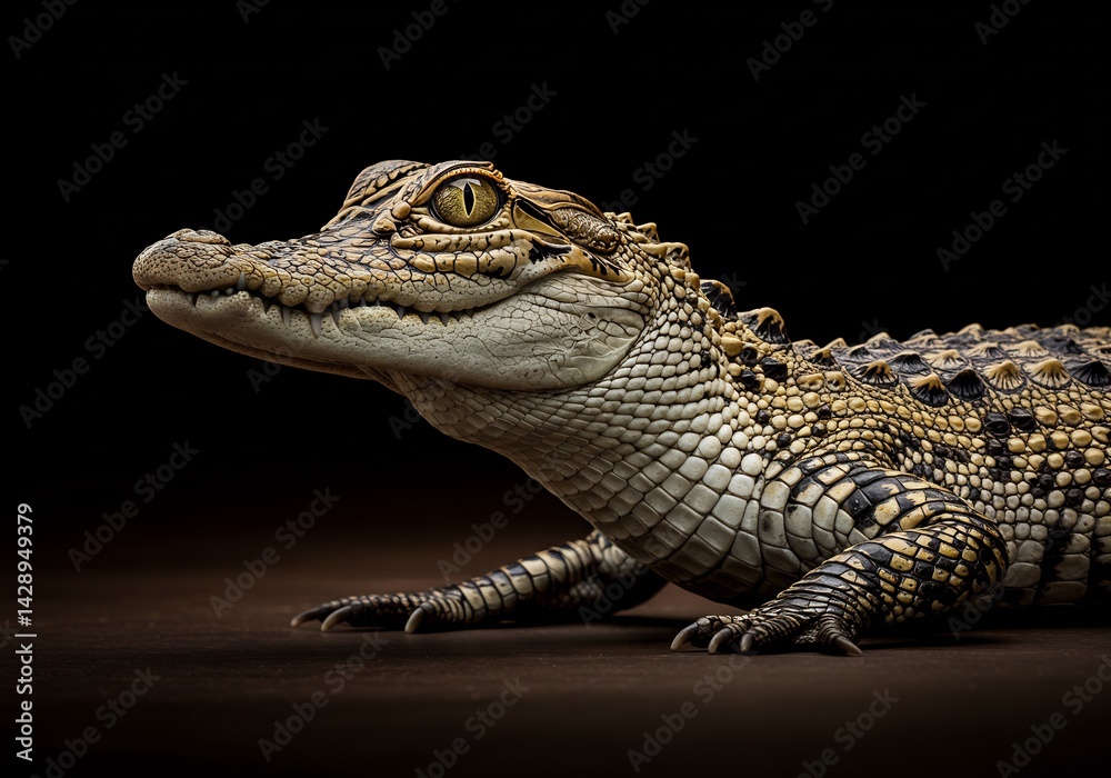 Obraz premium 黒背景、輝く瞳のワニの子。神秘的雰囲気漂うポートレート。