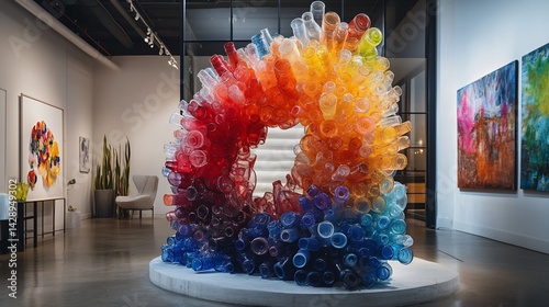 Vibrant chromatic structure of recycled plastic bottles in contemporary art space