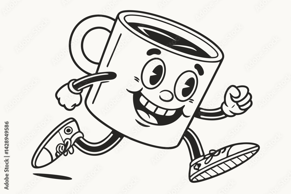 Cartoon coffee mug character running, vector illustration, isolated on white background, energy boost. Cartoon coffee mug character running, vector illustration, isolated on white background, energy boost.