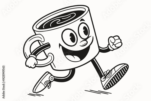 Cartoon Coffee Cup Running: Energized and Smiling, Black and White Vector Illustration.