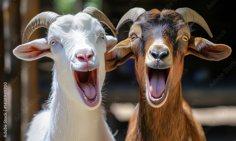 Two goats laughing joyfully in a sunny farm setting with vibrant colors