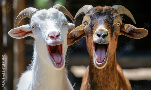 Obraz na płótnie Two goats laughing joyfully in a sunny farm setting with vibrant colors w salonie