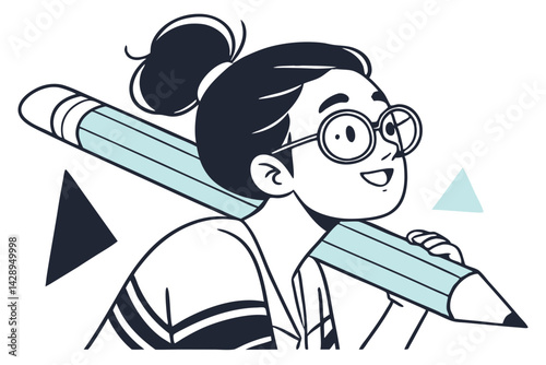 Creative girl with big pencil illustration, back to school concept, dreaming student.