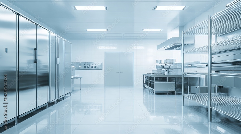 A stainless steel counter table, empty and clean, stands in a commercial bakery kitchen equipped with a convection oven, deck oven, refrigerator, and sink, illuminated by sunlight streaming through a A stainless steel counter table, empty and clean, stands in a commercial bakery kitchen equipped with a convection oven, deck oven, refrigerator, and sink, illuminated by sunlight streaming through a