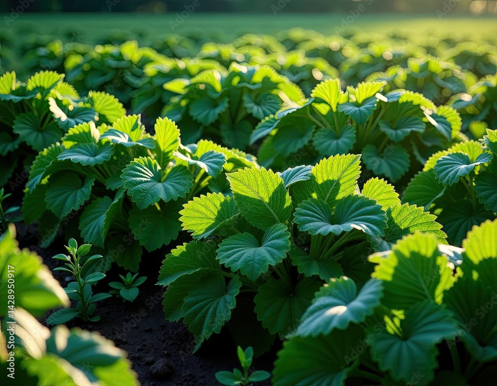 Lush Green Strawberry Plants in Sunlight - Vibrant Spring Field