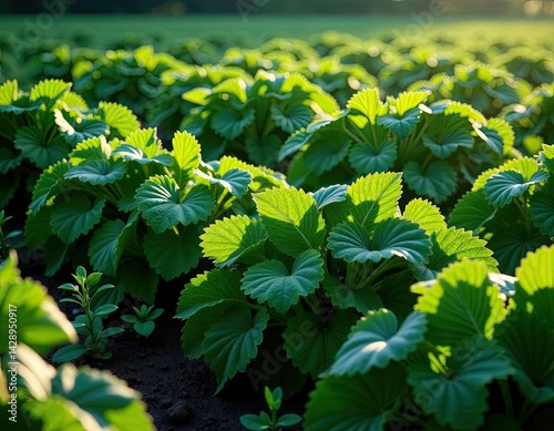 Lush Green Strawberry Plants in Sunlight - Vibrant Spring Field