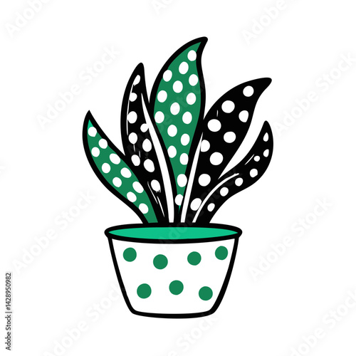 Cartoon Potted Plant with Polka Dots Isolated on Black