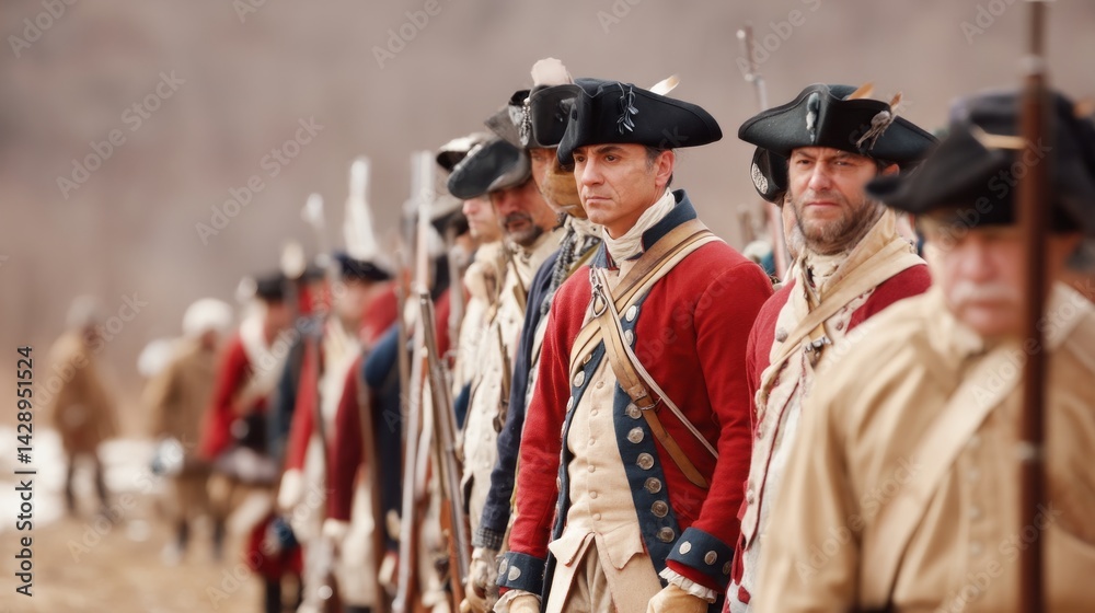 Fototapeta premium a line of soldiers wearing historic uniforms in the battlefield.