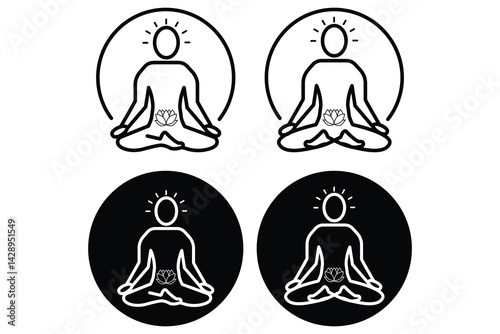 Yoga icon set vector illustration showing minimal lotus seated pose in meditation posture with radiant aura design for wellness, peace, spiritual calm, body mind balance and relaxation themes.