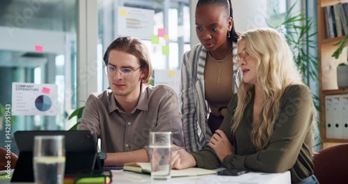 Creative agency, discussion and people with tablet in meeting for campaign review, client feedback or planning. Digital marketing, employees and teamwork with metric analysis, brand strategy or ideas photo