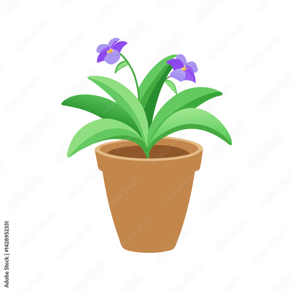Fototapeta premium Cartoon Purple African Violet Flower in Pot Illustration
