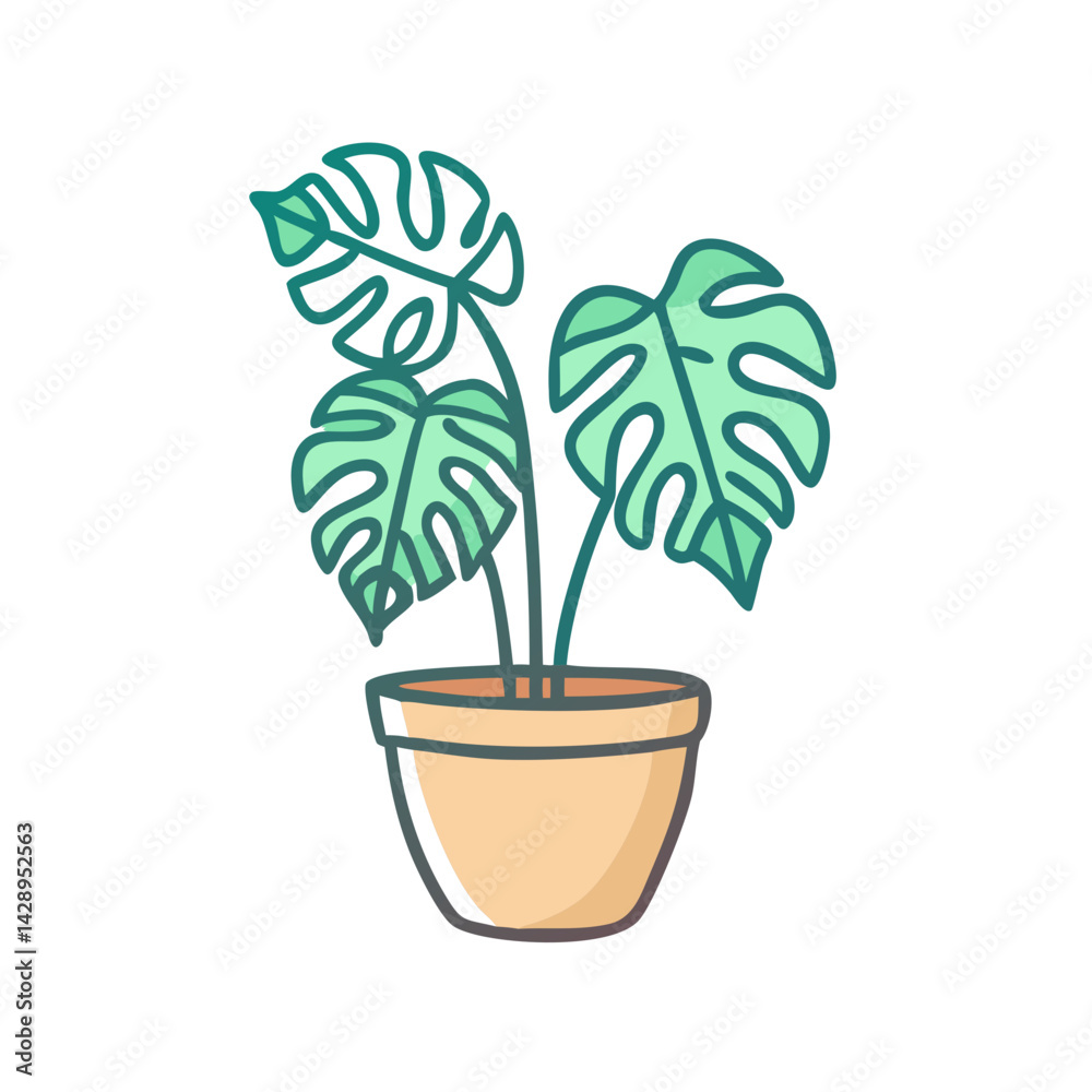 Fototapeta premium Cute Potted Monstera Plant Illustration on Black Background