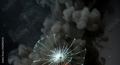 Shattered Reflections Broken Glass Emerges Against Swirling Smoke With Dark Background