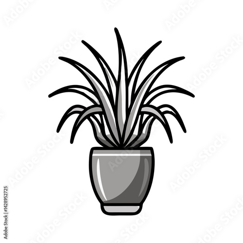 Stylized Plant in Pot Grayscale Illustration on Black