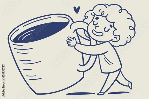 Curly haired girl hugging a big cup of coffee, doodle style illustration.