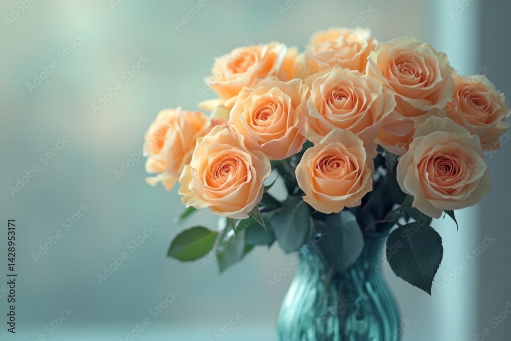 Obraz premium Peach roses arranged in a green vase create a beautiful display, perfect for celebrating special occasions or adding a touch of elegance to any setting