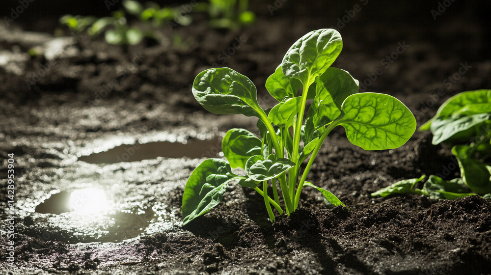 Delicate young spinach plant thrives in rich soil Generative AI