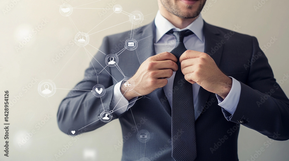 Businessman adjusts tie before social event in modern office Generative AI