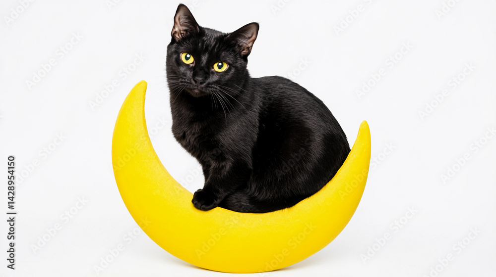 Black cat perched elegantly on a yellow crescent moon Generative AI
